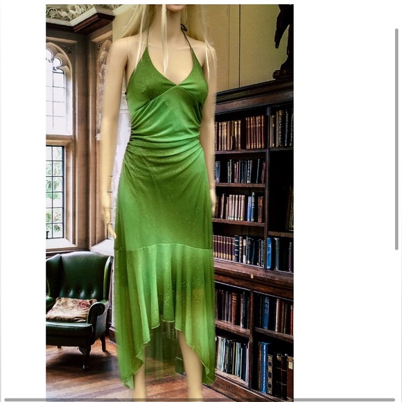 Hourglass Dresses & Skirts - Green Vintage 90s Ombré Sparkly High Low Halter Prom Dress